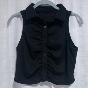 Women's Button Front Rib Knit Crop Tank Top Sleeveless Collar Vest